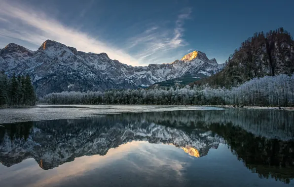 Зима, лес, горы, озеро, отражение, Австрия, Альпы, Austria