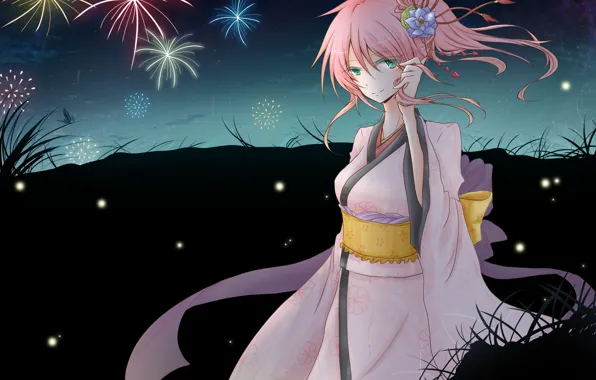 Цветок, девушка, ночь, бабочка, арт, фейерверк, Vocaloid, Вокалоид