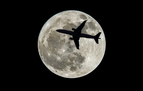 Самолет, луна, спутник, силуэт