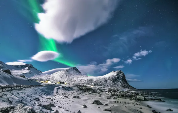 Картинка дорога, облака, горы, ночь, деревушка, road, night, mountains