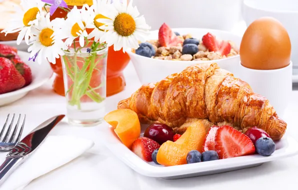 Завтрак, выпечка, fruit, berries, croissant, breakfast, круассан