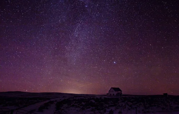 House, sky, night, winter, snow, stars, countryside, farm