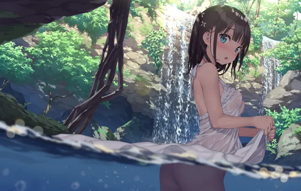 Girl, sexy, ass, cleavage, river, dress, trees, brown hair