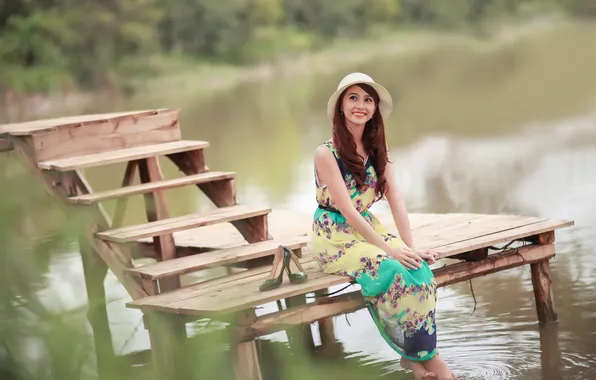 Картинка девушка, мост, озеро, азиатка