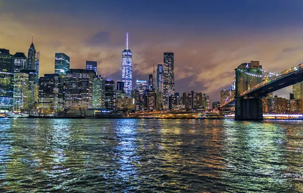 Картинка мост, огни, Нью-Йорк, панорама, Манхэттен, небоскрёбы, New York City