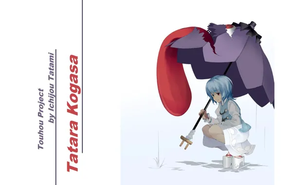 Капли, белый фон, голубые волосы, высунул язык, Touhou Project, под зонтом, Проект Восток, сидит на …