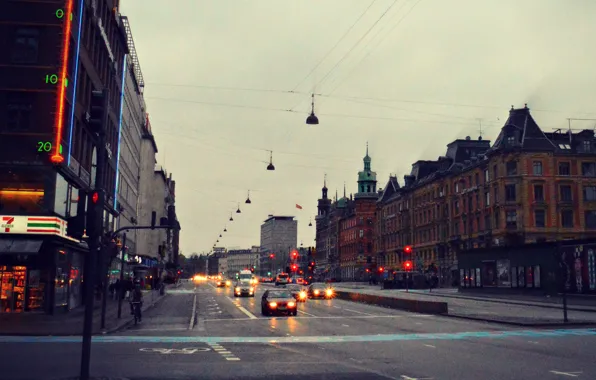 Cars, people, neon, dusk, streets, Denmark, Copenhagen, sidewalk