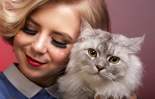 Кошка, девушка, улыбка, губки
