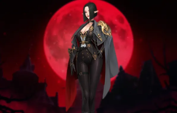Девушка, Ночь, Луна, Стиль, Girl, Костюм, Эльфийка, Moon