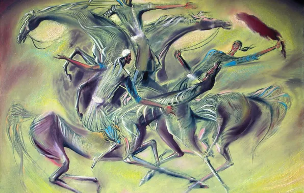 Картинка девушки, игра, лошади, добыча, Айбек Бегалин, 2003г, Кокпар