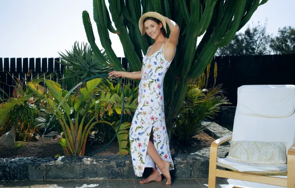 Hat, smile, water, beautiful, leaves, model, armchair, cactus