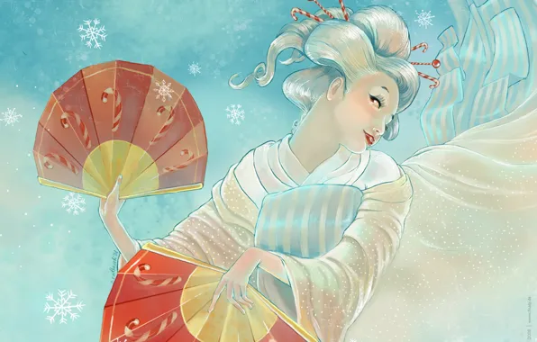 Картинка японка, веер снег