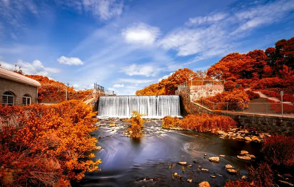 Картинка осень, природа, водопад, дамба