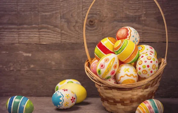 Корзина, colorful, Пасха, happy, wood, spring, Easter, eggs