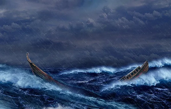 Картинка море, волны, буря, Лодка