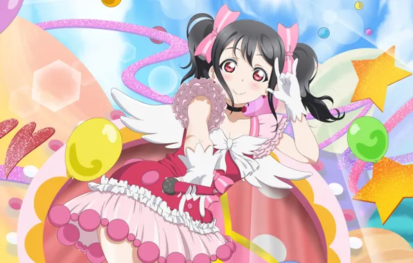 Шарики, фон, арт, девочка, микрофон, Love Live School Idol Project, Живая любовь