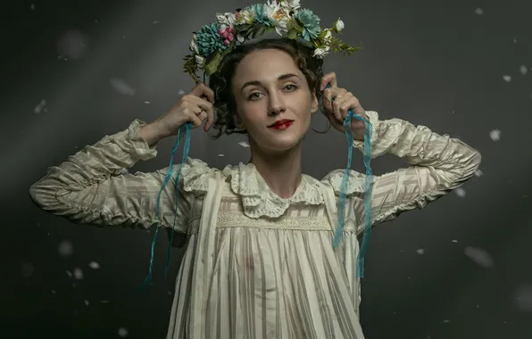 Поза, улыбка, модель, макияж, красотка, венок, model, beauty