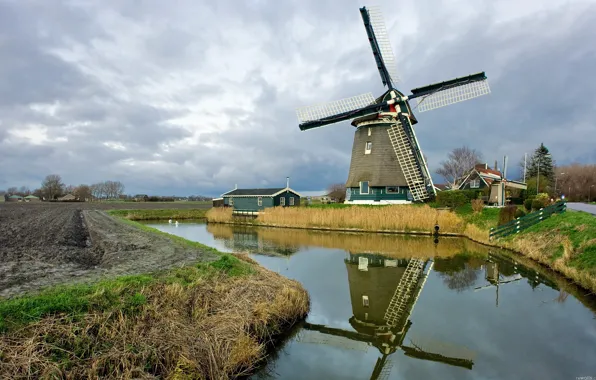 Осень, небо, облака, мельница, канал, нидерланды