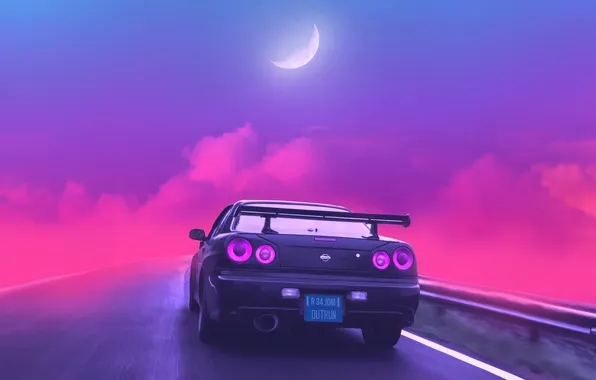 Дорога, облака, moon, sky, Nissan Gtr, Synthwave, pink Color