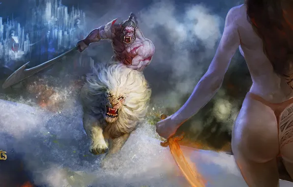 Девушка, река, голая, лев, кинжал, Orc