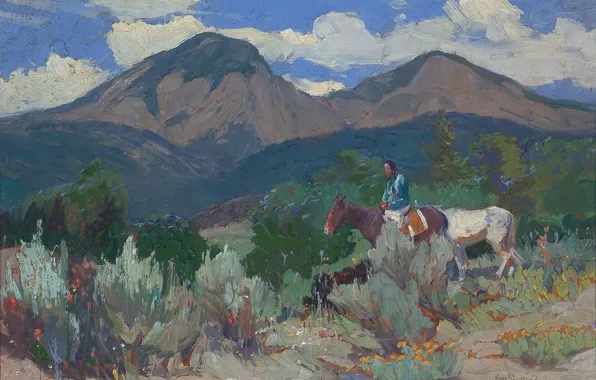 Горы, лошади, Oscar Edmund Berninghaus, рблака, Taos Mountain, Indian and