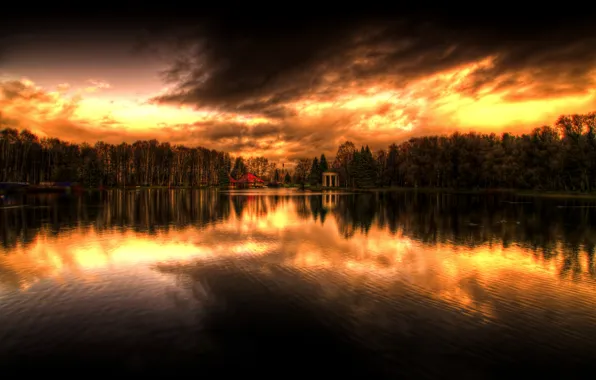 Картинка лес, вода, солнце, деревья, закат, озеро, санкт-петербург, крестовский остров