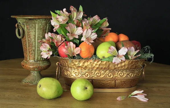 Flowers, pears, Still life, apples, fruits, alstromeria, gold vase