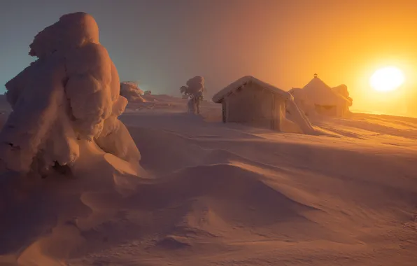 Картинка зима, солнце, снег, деревья, пейзаж, природа, домики, Лапландия