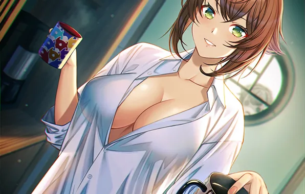 Girl, sexy, cleavage, brown hair, boobs, anime, beautiful, short hair