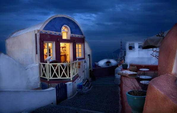 Картинка ночь, дом, вечер, Санторини, Греция