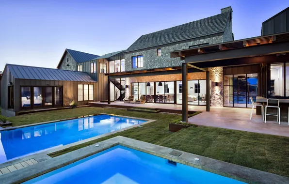 Вечер, бассейн, освещение, архитектура, Texas, Техас, ранчо, Farmhouse