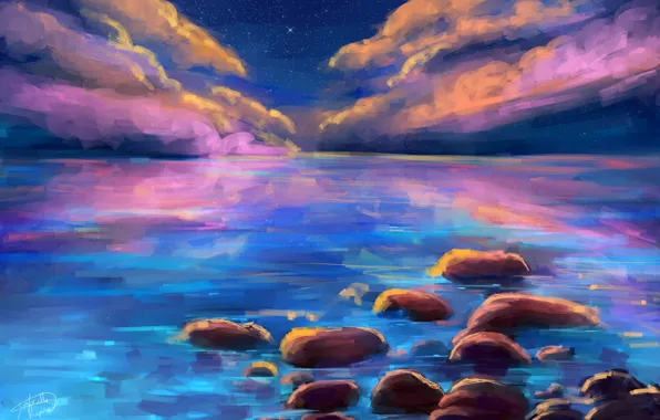 Море, небо, звезды, облака, пейзаж, отражение, камни, арт