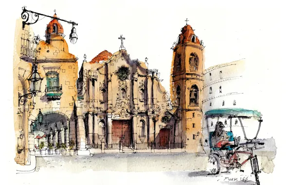 Картинка улица, краски, рисунок, дома, собор, Куба, Гавана