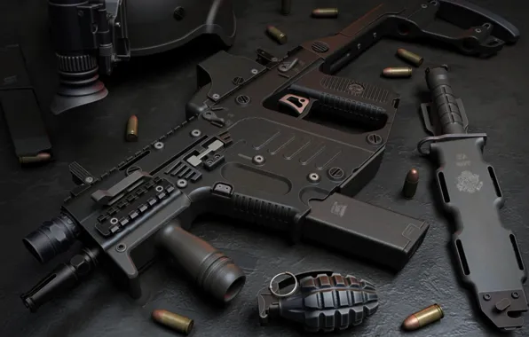 Картинка gun, USA, weapon, charger, knife, helmet, ammunition, Kriss Super V