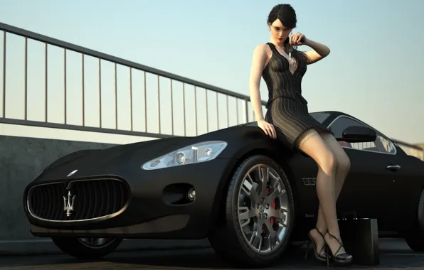 Картинка машина, девушка, Maserati, чулки, платье, ключи, кейс