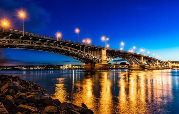 Мост, город, огни, река, Германия, Рейн, Майнц, мост Теодора Хойса