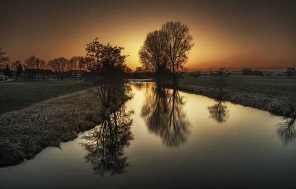 Поле, деревья, закат, Осень, канал, trees, sunset, water