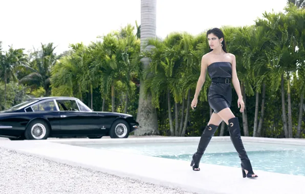 Машина, девушка, секси, галька, модель, Ferrari, girl, ножки