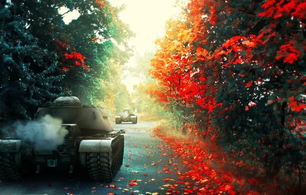 Дорога, осень, лес, арт, танки, WoT, World of Tanks, С.Т.В.О.Л.
