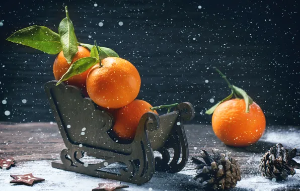 Картинка зима, праздник, доски, новый год, фрукты, сани, шишки, мандарины