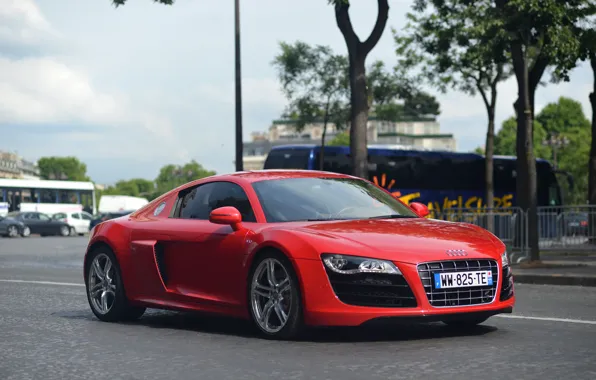 Картинка audi, red, street, v10, r8