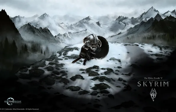 Картинка снег, горы, тень, skyrim, викинг, viking, shadow, mount