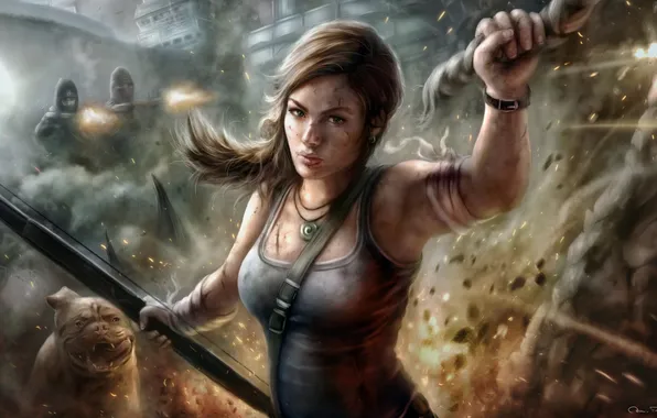 Картинка девушка, погоня, искры, Tomb Raider, Lara Croft, раны