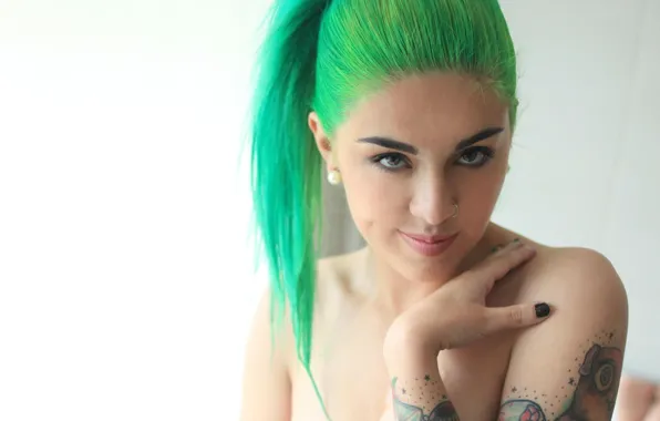 Beautiful, piercing, tattoos, green hair, Suicide Girls, 2432x1368, coloured hair