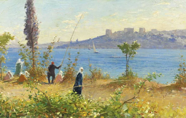 Картинка пейзаж, картина, Fausto Zonaro, Фаусто Зонаро, Наложницы Рыбачат у Босфора