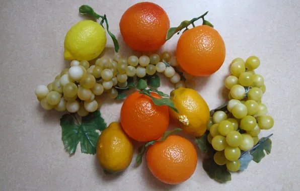 Lemon, plastic, grape, orange, leaf, fruits, manmade, artificially