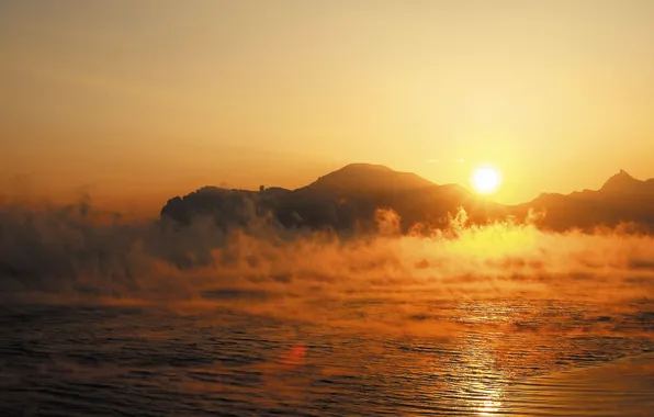 Картинка море, осень, солнце, восход, гора, пар, Крым