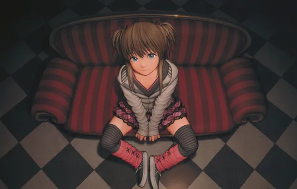 Взгляд, диван, девочка, мини юбка, girl, anime, Little Girl