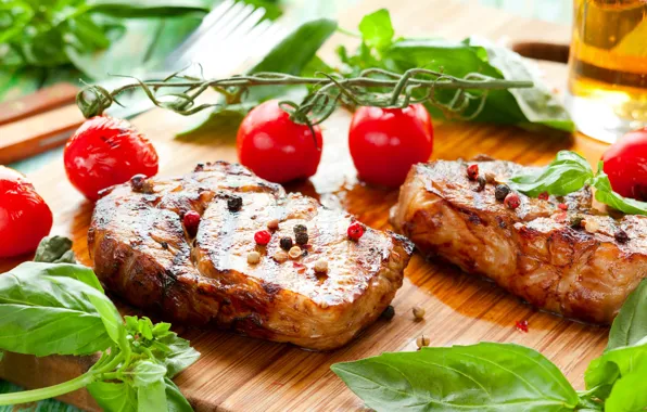 Мясо, помидор, специи, стейк, базилик