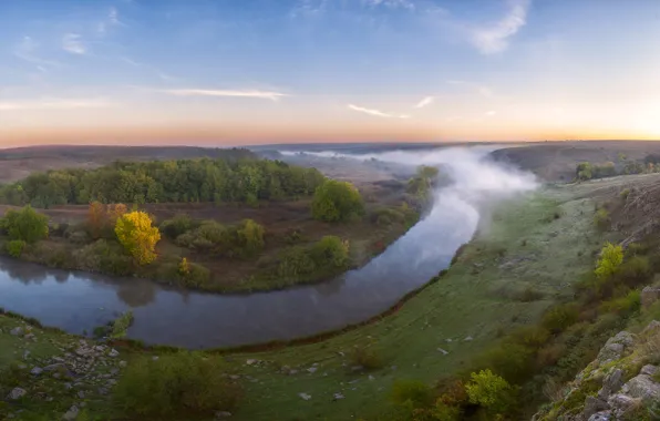 Небо, деревья, туман, камни, Украина, кустарники, река Кальмиус